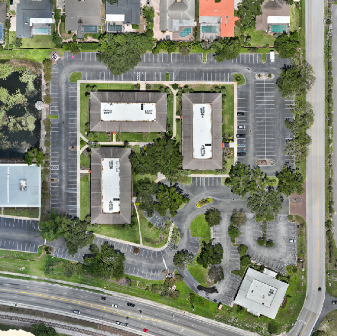 2D orthomosaic map of a commercial office park produced by MG Solution Pros