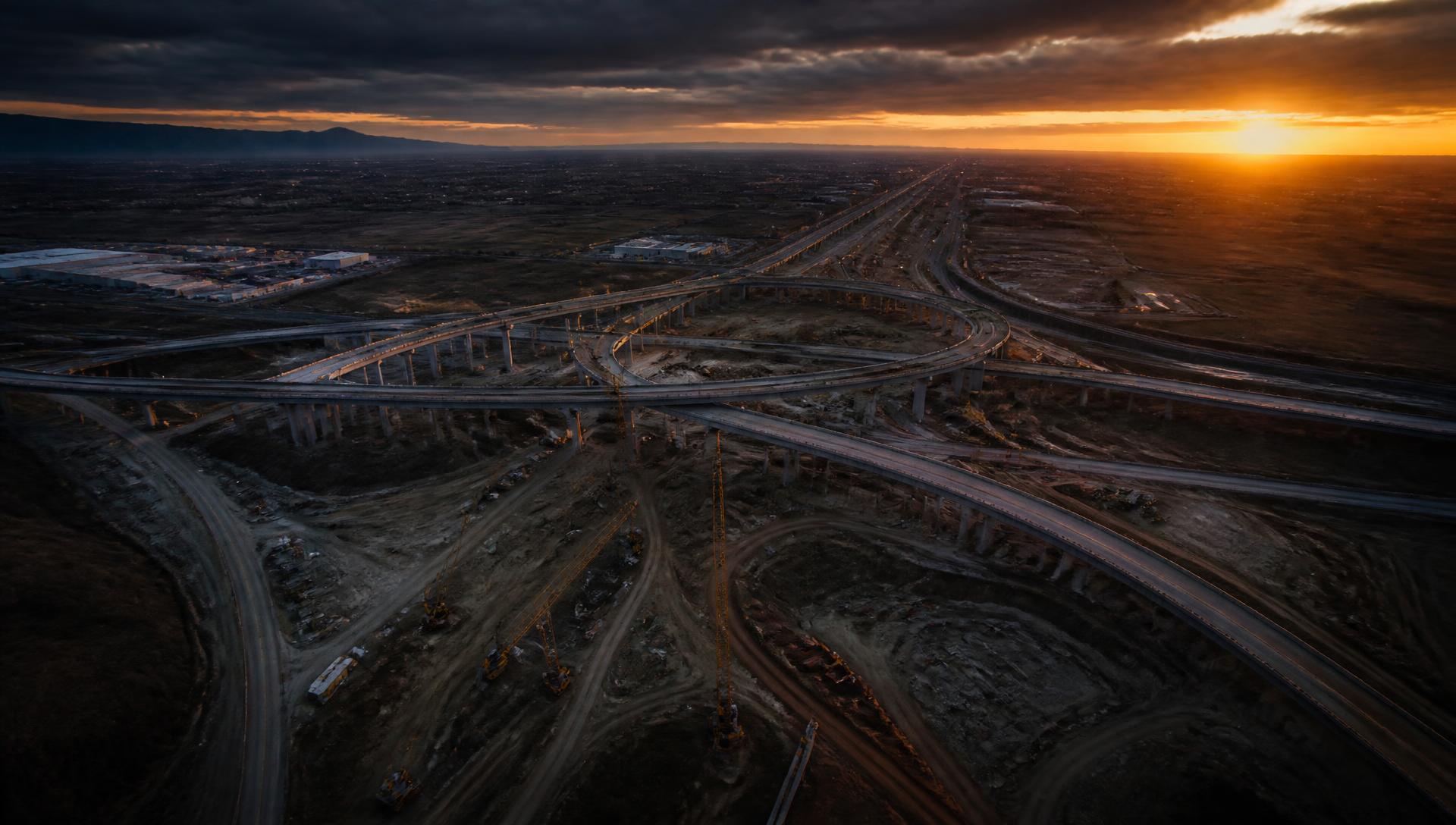 Aerial drone view of a highway interchange construction corridor at dusk